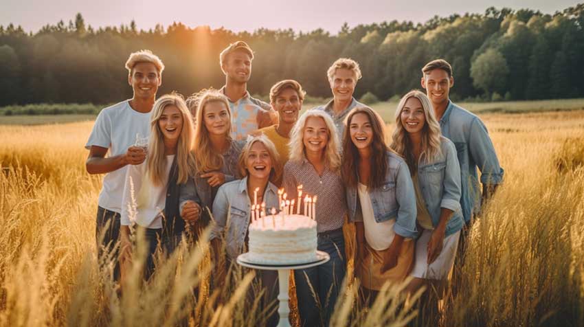 Geburtstagswünsche Geburtstag mit Männern und Frauen in Natur mit Torte und Ballons