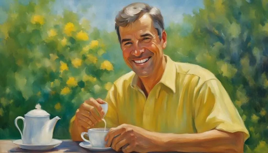 Lachender Mann mit einer Tasse Kaffee
