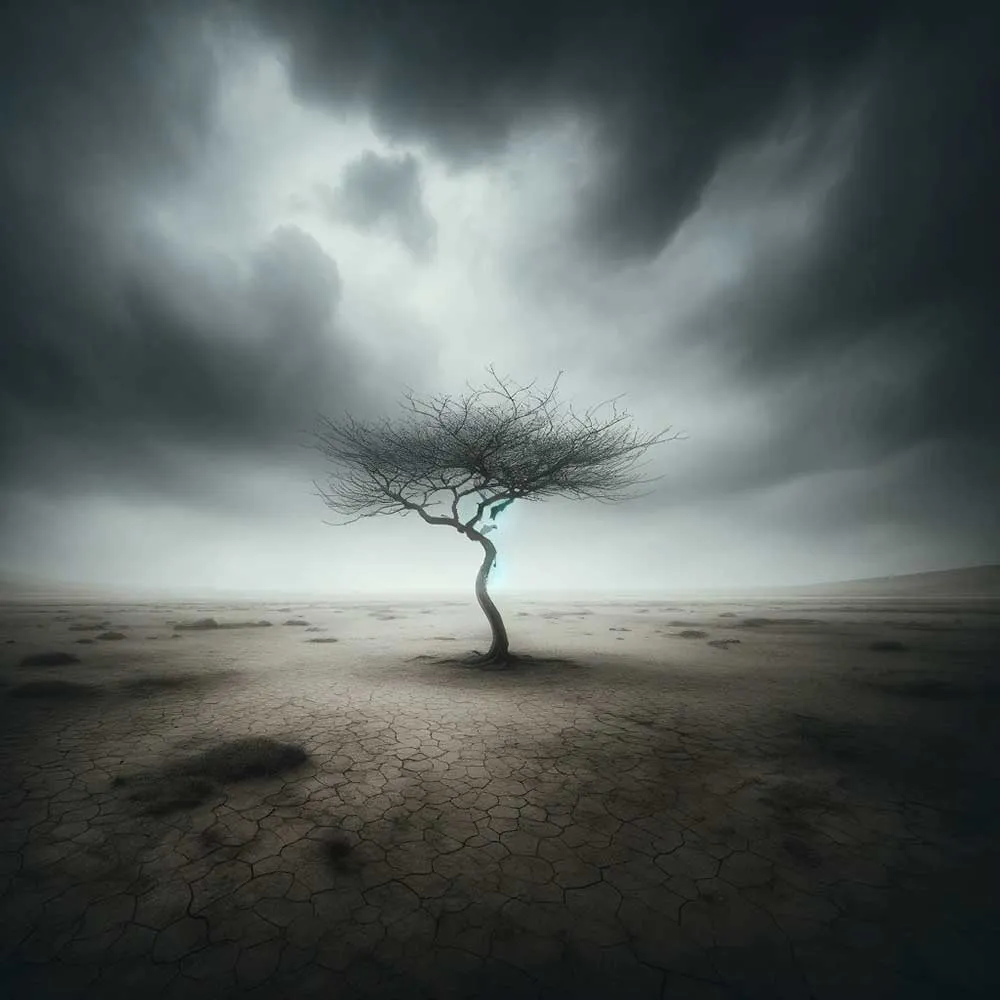 Trauriges Bild zum Nachdenken: Einsame Baum im Ödland