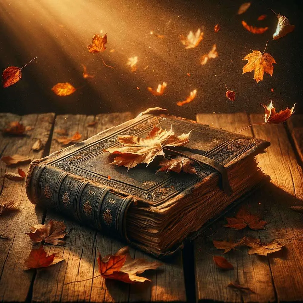 Trauriges Bild zum Nachdenken: Altes Buch umgeben von Herbstblättern