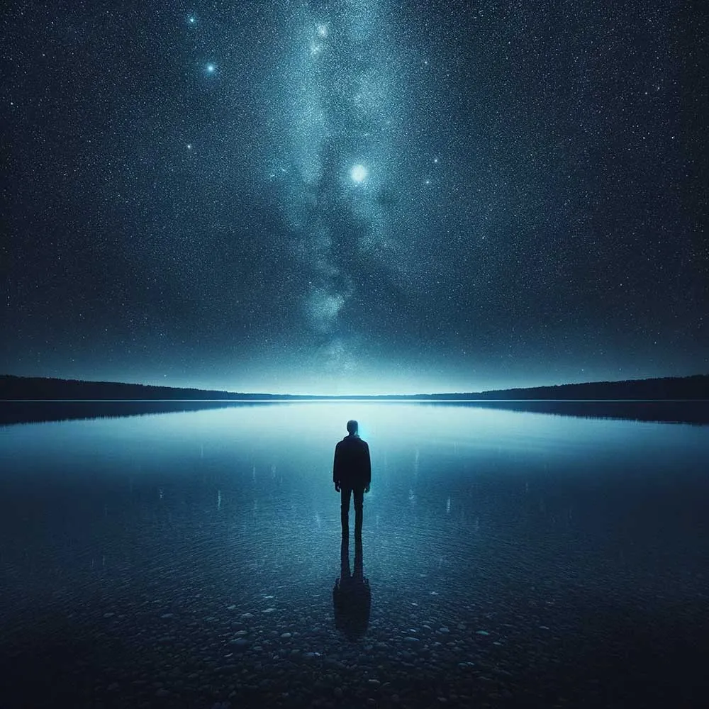 Trauriges Bild zum Nachdenken: Einsame Figur am See unter dem Sternenhimmel