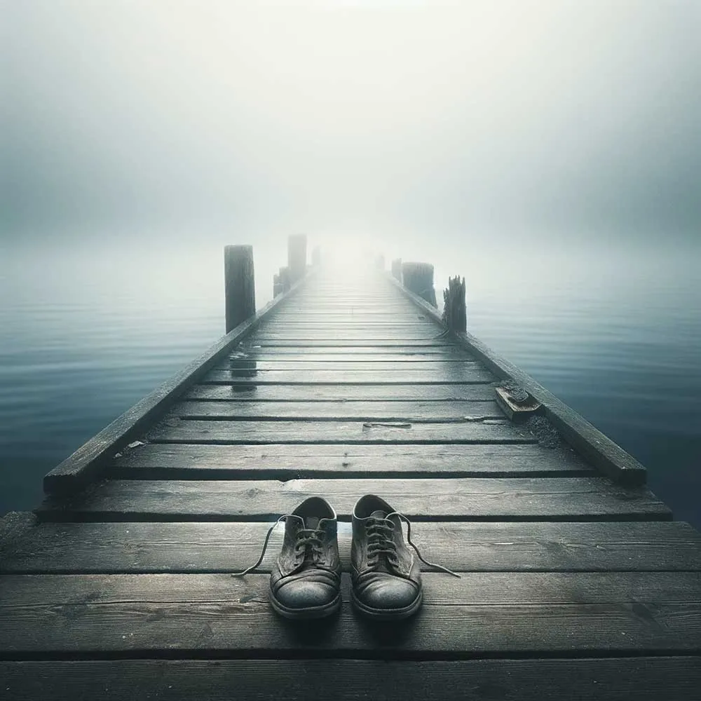 Trauriges Bild zum Nachdenken: Verlassene Schuhe auf einem nebligen Pier