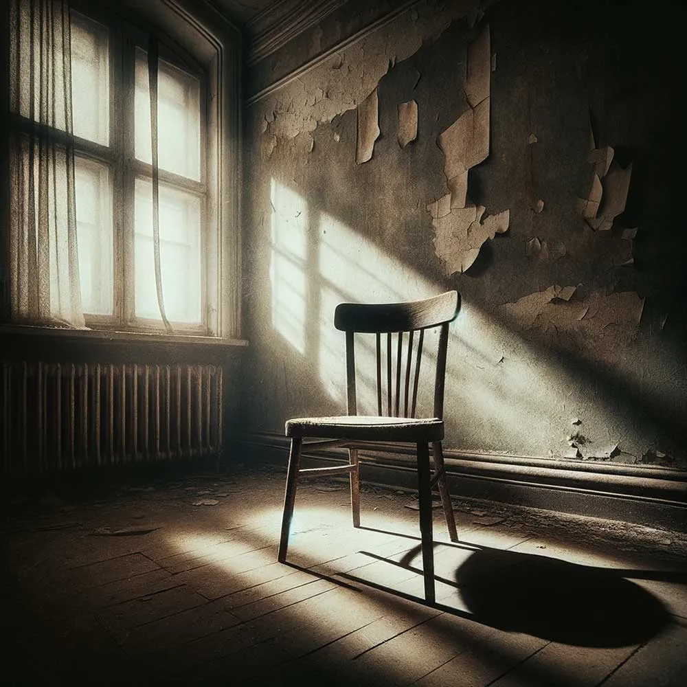 Trauriges Bild zum Nachdenken: Leerer Stuhl in einem verlassenen Raum